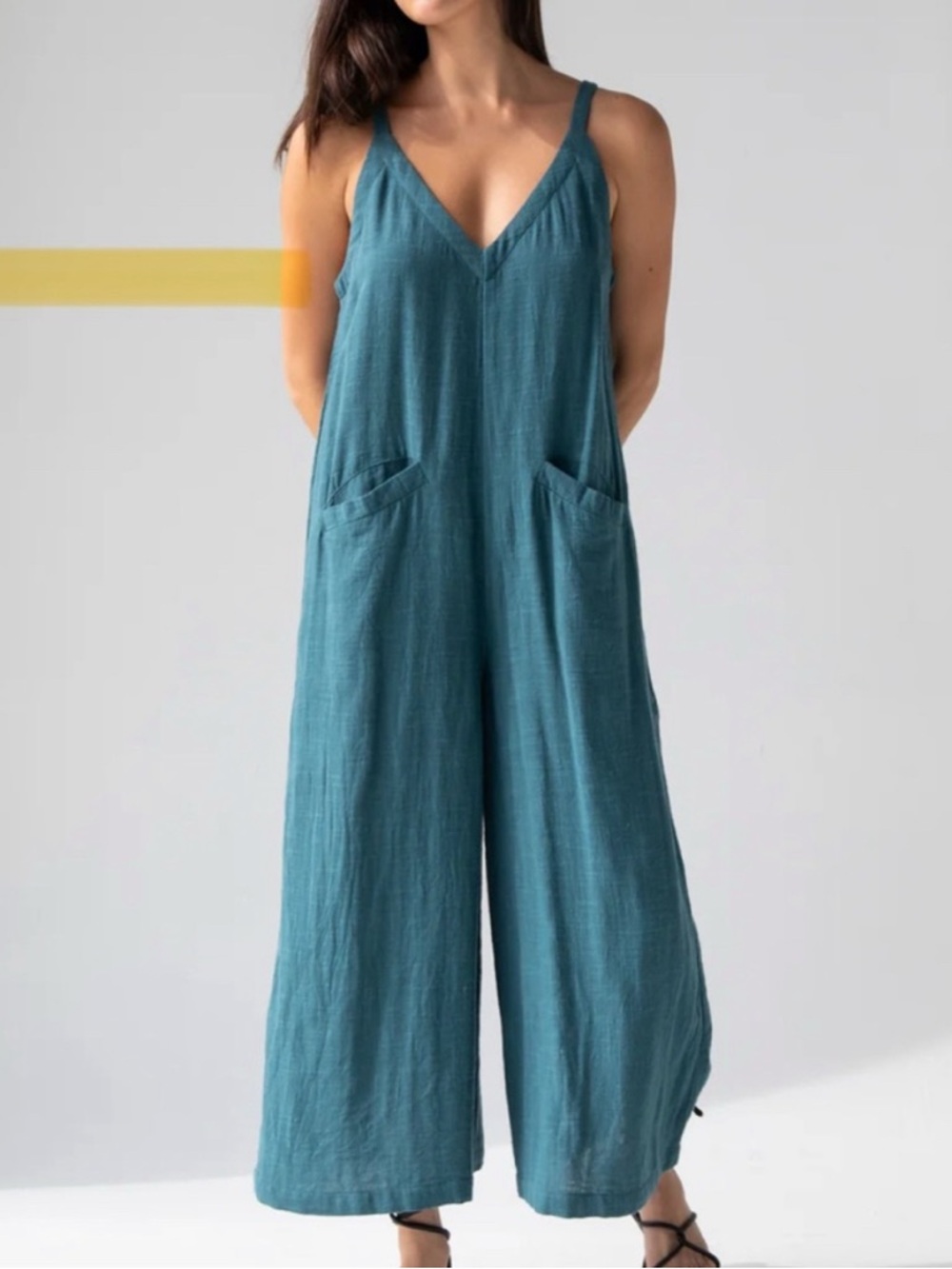 NATURAL LIFE Teal Blue Wide-Leg Linen Jumpsuit